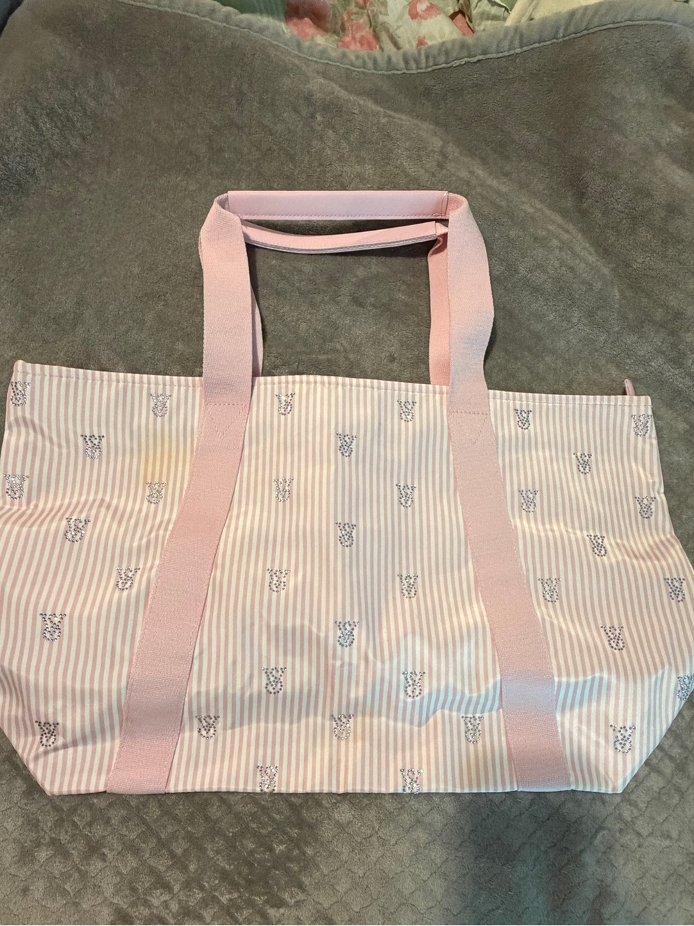 Pink Striped  Victoria Secret  Tote Bag with Patterned Accents